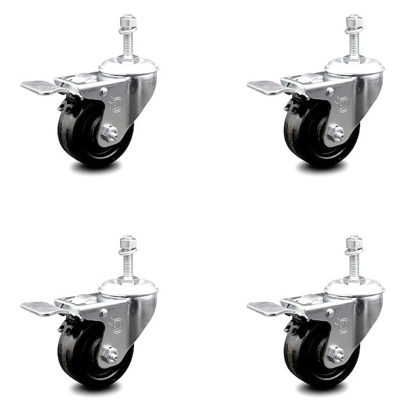 3.5 Inch Phenolic Swivel 10mm Threaded Stem Caster Set with Total Lock Brake
